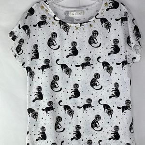 Stars & Space Cats Black & White Gold Embroidered Stars Short Sleeved Top